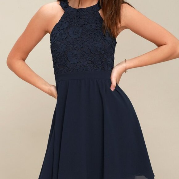 Lulus Dresses & Skirts - Lulus Lover's Game Navy Blue Lace Skater Dress - Size L